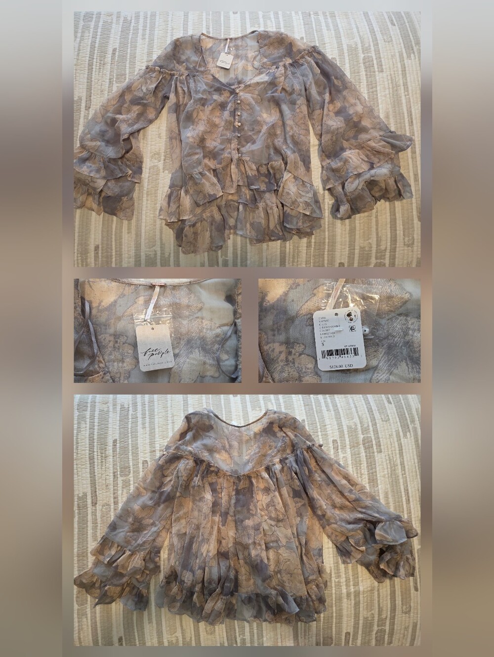 Free People Sheer Floral Ruffle Blouse in Taupe and Gray